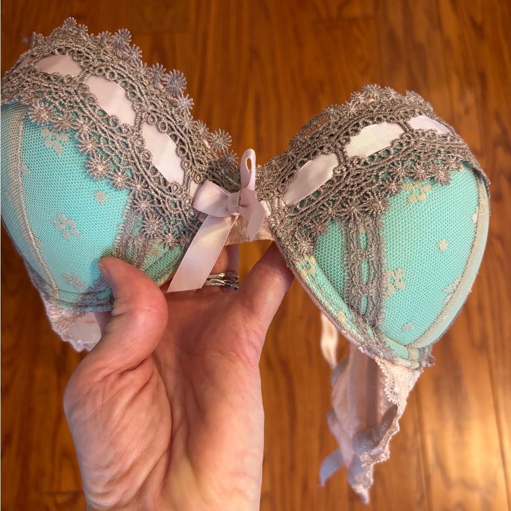 Lace Trimmed Push Up Bra in Teal and Gray